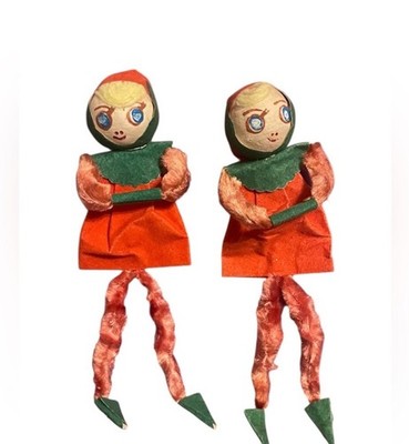Vintage Pixie Girl Elf Ornaments Chenille Wire Knee Hugger Posable Set of 2 