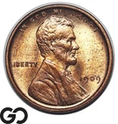 1909 Lincoln Cent Wheat Penny, First Year Issue, Lustrous Choice BU Red-Brown