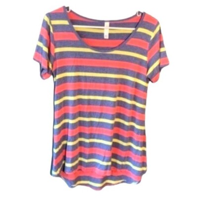 Lularoe Women's Size XS Classic T T-Shirt Heather Blue Coral Yellow Stripes