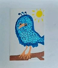 Blue Cute Bird ORIGINAL IMPRESSIONIST Folk Art Whimsical animals Painting by Gat
