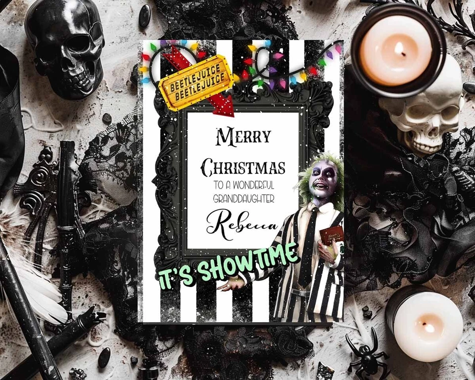 CREATION ART Personalised Beetlejuice Gothic Christmas Card , Beetlejuice Christmas Card