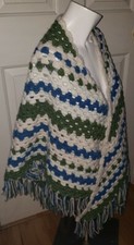 Vtg. Boho Hand Crocheted Green Blue Granny Poncho Cape Shawl Fringe open Afghan
