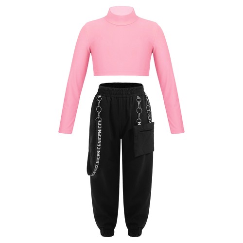 Kids Turtleneck Crop Top Sweatpants Cargo Pants Sets Street Dance Outfits - Picture 31 of 80