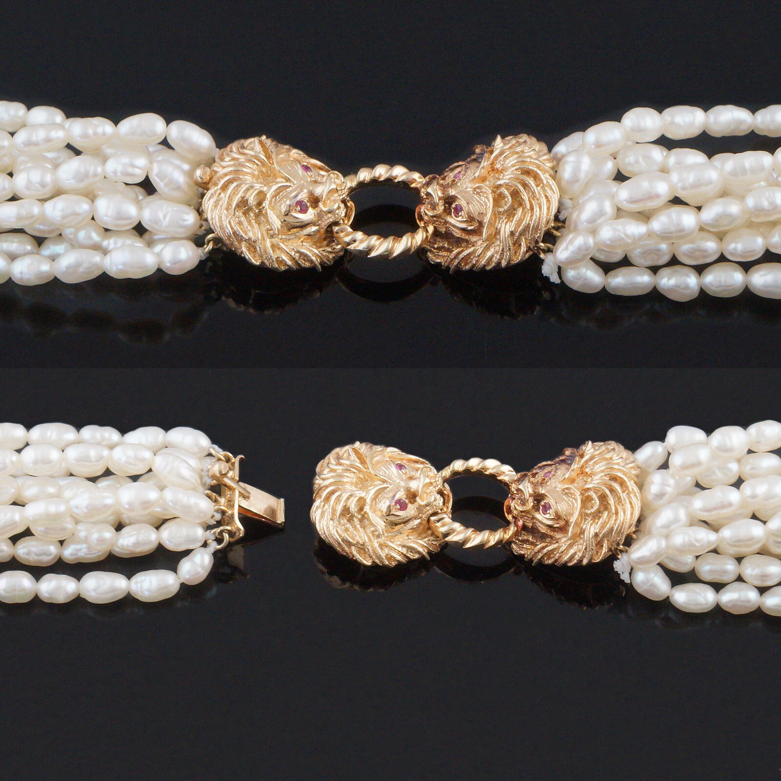 Solid 14K Gold, Ruby Eye Lion Head Multi Strand R… - image 7