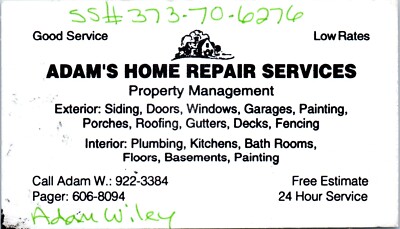 Adam's Wiley Home Repair Services Michigan Business Card Property Management