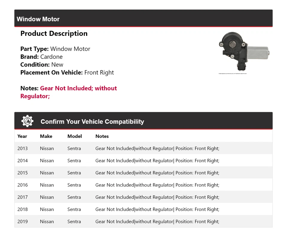 Motor ventana delantero derecho cardone para Nissan Sentra 2013-2019 2014 2015 2016 2017 Foto 2 de 4