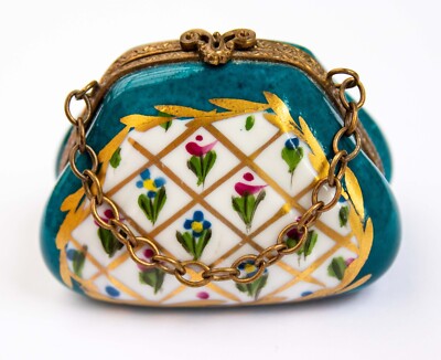 Vintage Limoges Stil Peint Main Handtasche Portmanteau aufklappbare Porzellandose
