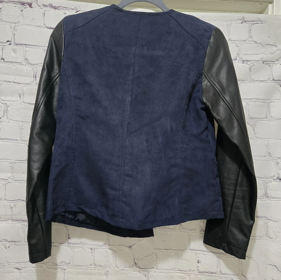 Alfani Womens Petite Mixed Media Faux Suede Pleather Jacket Size PP Navy & Black - Image 4 of 4
