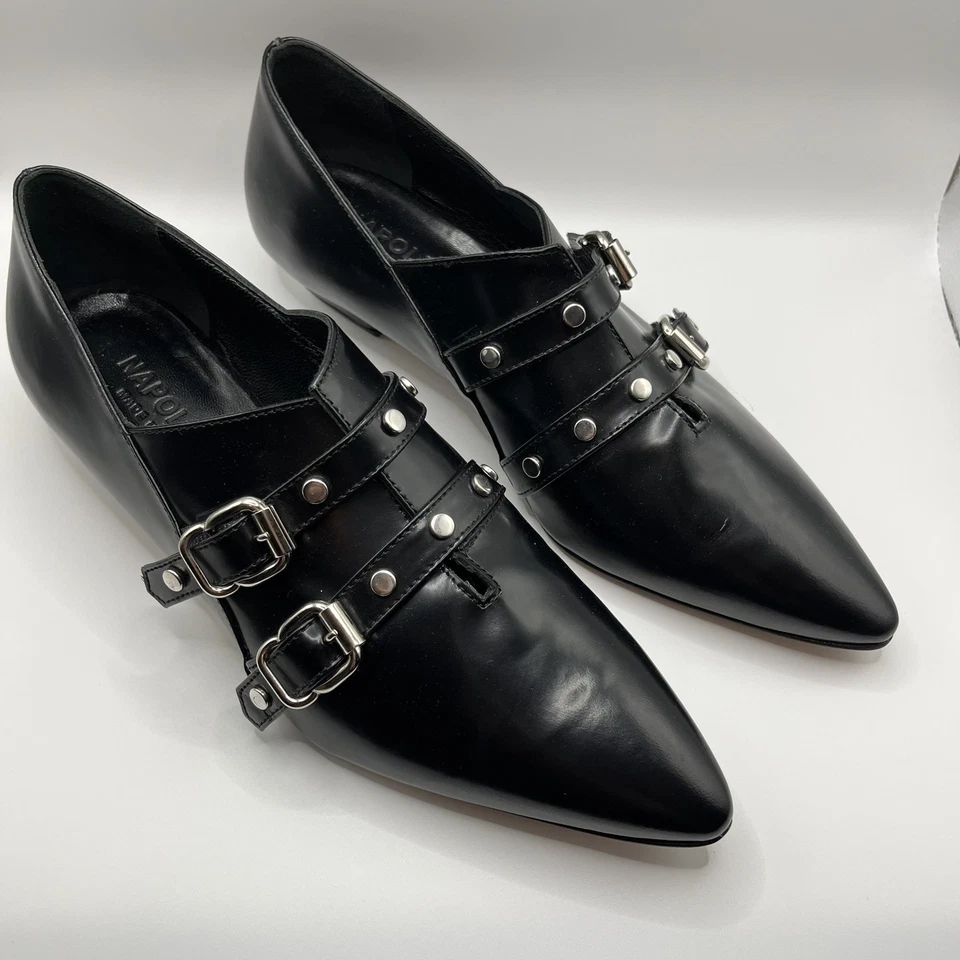 Nova fivela de couro preto Napoleoni prata feita na Itália 39 EUA 8,5 - Imagem 2 de 4