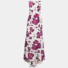 Oscar de la Renta Beige Watercolor Printed Silk Maxi Dress M