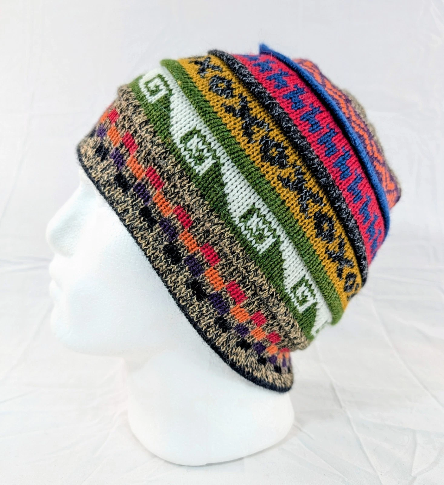 Soft Baby Alpaca Beanie Reversible Beige Black Unisex Colorful Boho Llama Peru