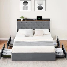 Bed Frame Platform Full Queen Size with 4 Drawers and Charging Station
