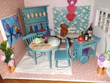 Dollhouse Furniture 1:12 Dining Room Set Hutch Bench Tea Cart