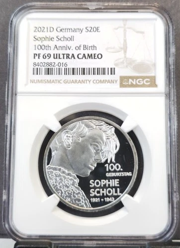 2021 GERMANY SILVER 20 EURO ACTIVIST SOPHIE SCHOLL NGC PF 69 ULTRA CAMEO TOP POP