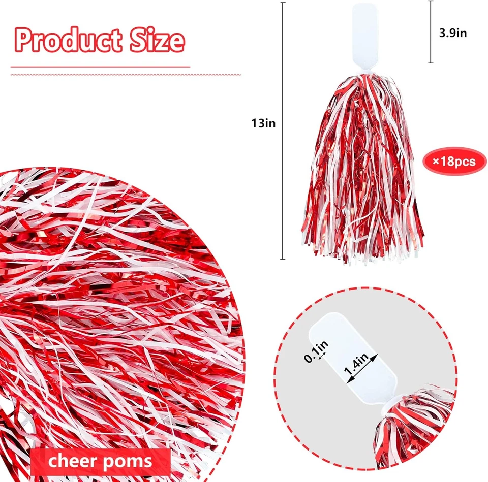 18PCS Cheerleading Pom Poms Metallic Foil Plastic with Red and White  - Image 2 of 4