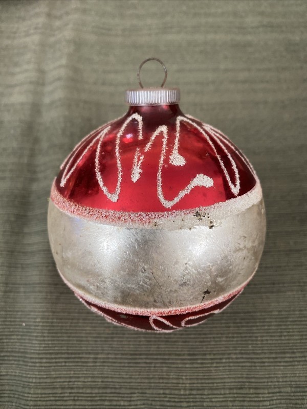 Vintage Germany Mercury Glass Ornament Red with Silver Mica Design - 3 1/2”