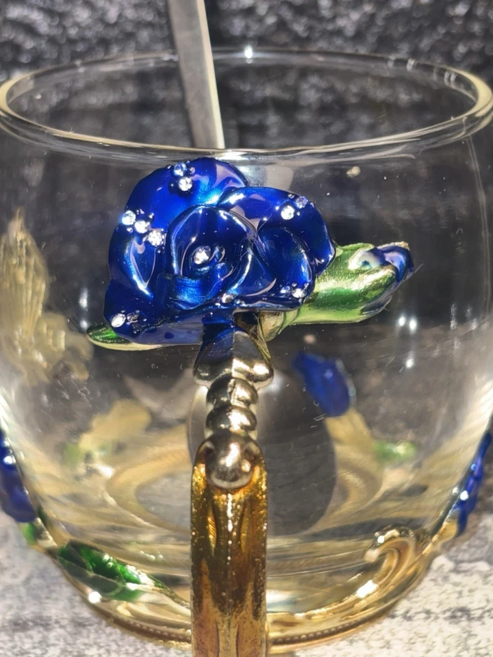 "Taza de té mariposa-flor de vidrio con cuchara esmalte vidrio metal 3,5""T" Foto 4 de 4