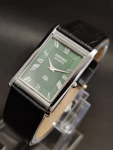 Vintage Seiko Slim Tank Quartz Men Green Dial Dress Watch-Free DDP Shipping
