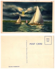 Vintage Linen Postcard Sailing by Moonlight Yacht Scene Rhode Island