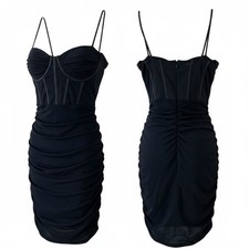 NWT Fashion Nova Black Ruched Corset Mini Dress Rhinestone Straps Cocktail Party