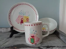 Retro SHAFFORD Japan Bonnet Girls 3 PC Child's Dish Set China Ceramic Plate Bowl