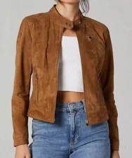 Women's Real Suede Leather Short Biker Jacket Brown Cropped Jacket With Buttons