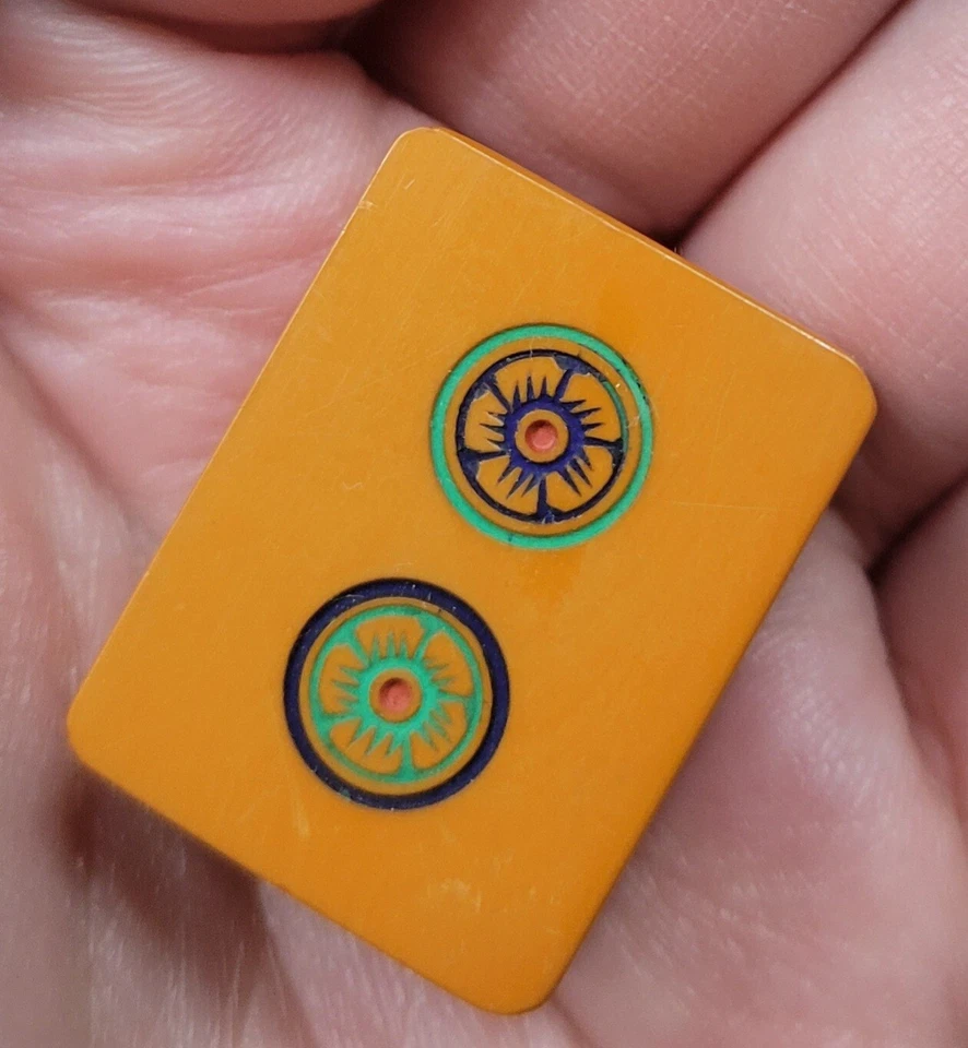 Chinese Bakelite Mahjong One 2 Dot Only Tile Carved Replacement For Set Flower - Image 2 of 4