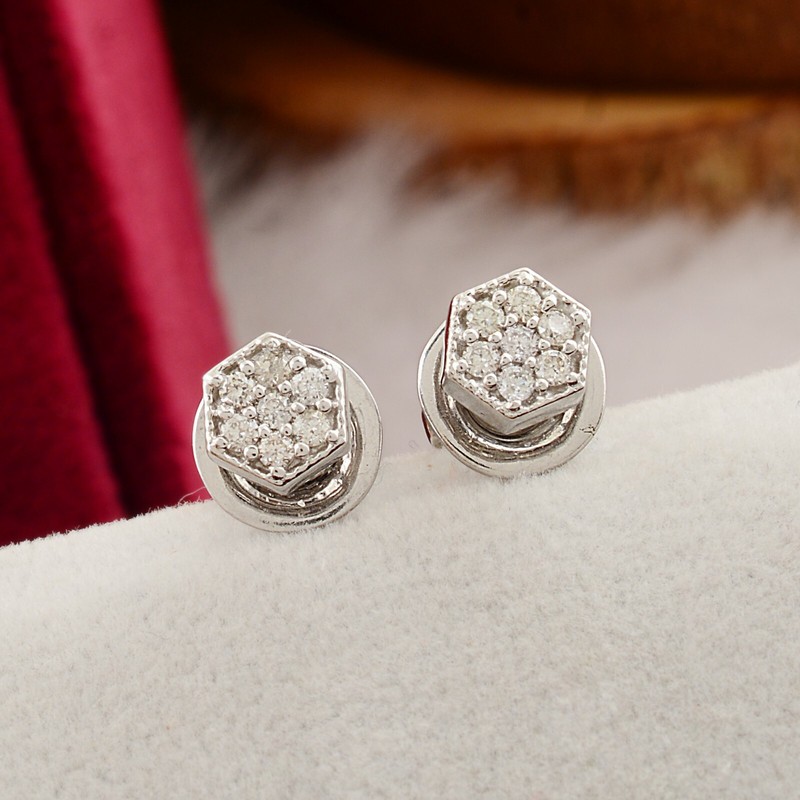 Minimalist 0.15 Ct Round Natural Diamond Hexagon Stud Earrings 10k White Gold