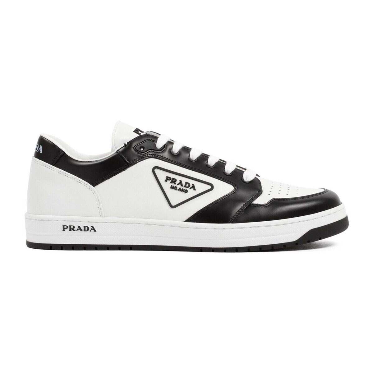 Prada District Leather White Black Triangle Logo Flat Low Prada District Leather White Black Triangle Logo Flat Low