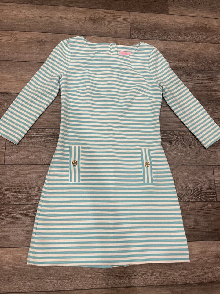 Платье цельнокроеное Lilly Pulitzer Charlene оттоманка вязаное маленькое бирюзовое с белой полосой - Изображение 3 из 4
