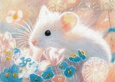 ACEO print limited edition white mouse in flowers by Anna Hoff