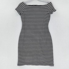 Ann Taylor Dress Womens 4 Black White Striped Off Shoulder Stretch Sheath Casual