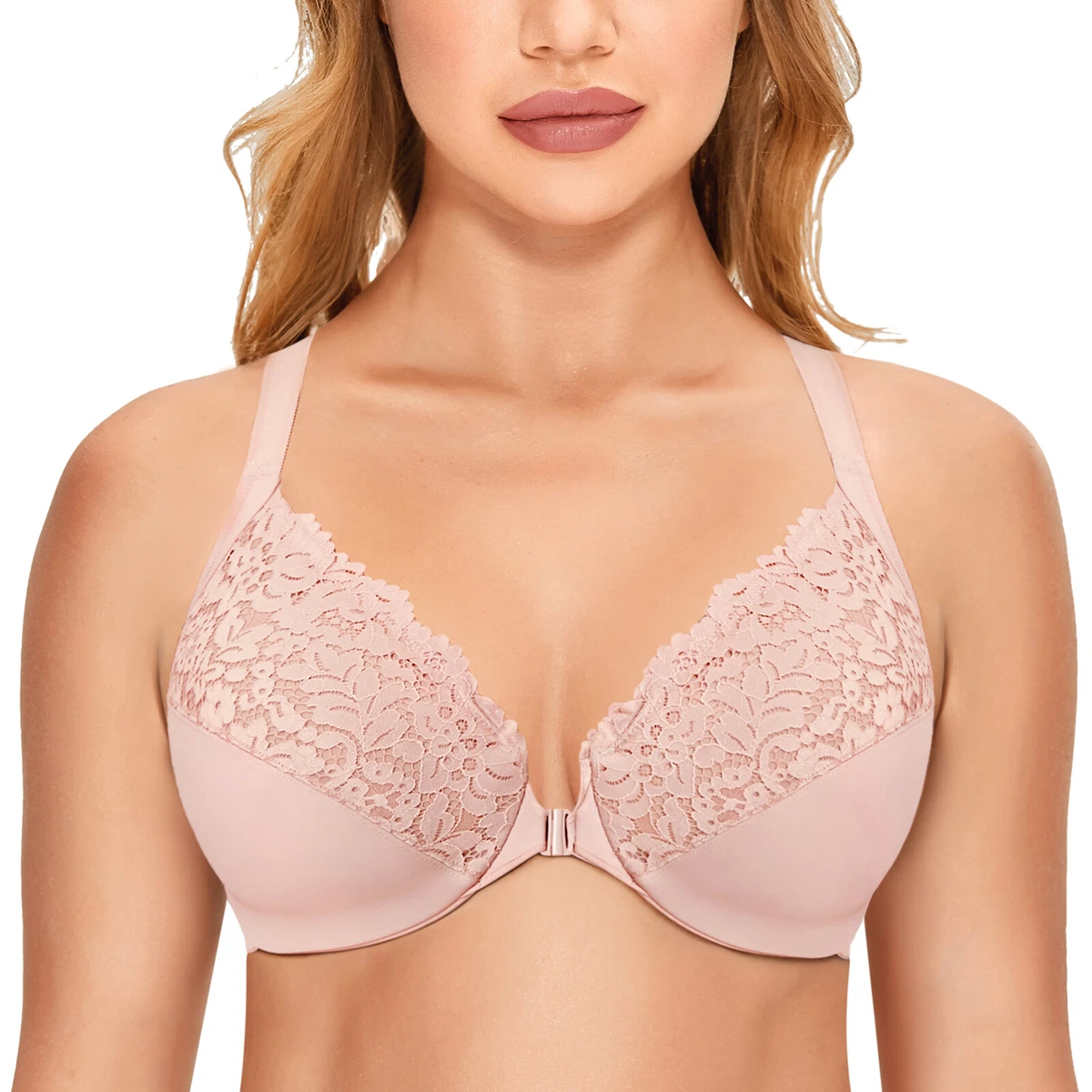 DELIMIRA Women's Front Closure Bras Plus Size Lace Full Coverage Underwire  Unlined Bra 