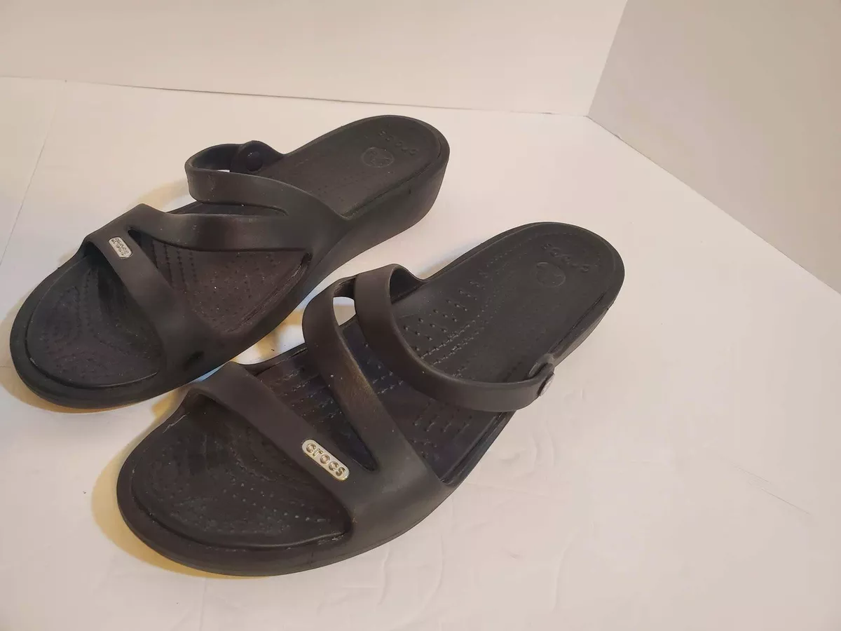 Crocs Black Low Wedge Patricia Strappy Sandals Slip Ons Women's W 9
