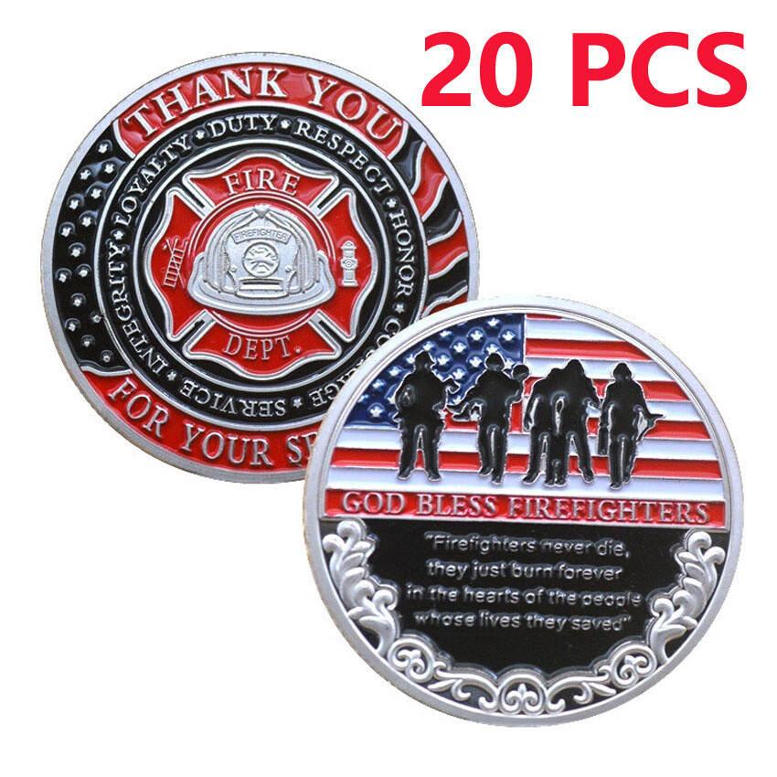 20PCS Thank You for Your Service God Bless Firefighters Fire Challenge Coin