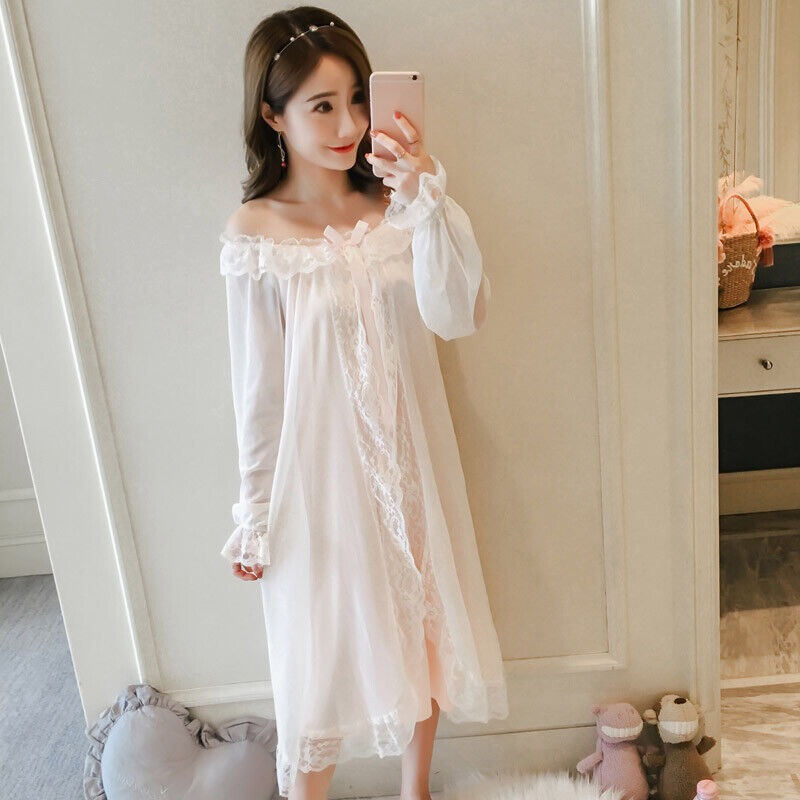 Lady Mesh Lace Pajama Dress Night Gown Sleepwear Long Sleeve Princess Retro  Soft