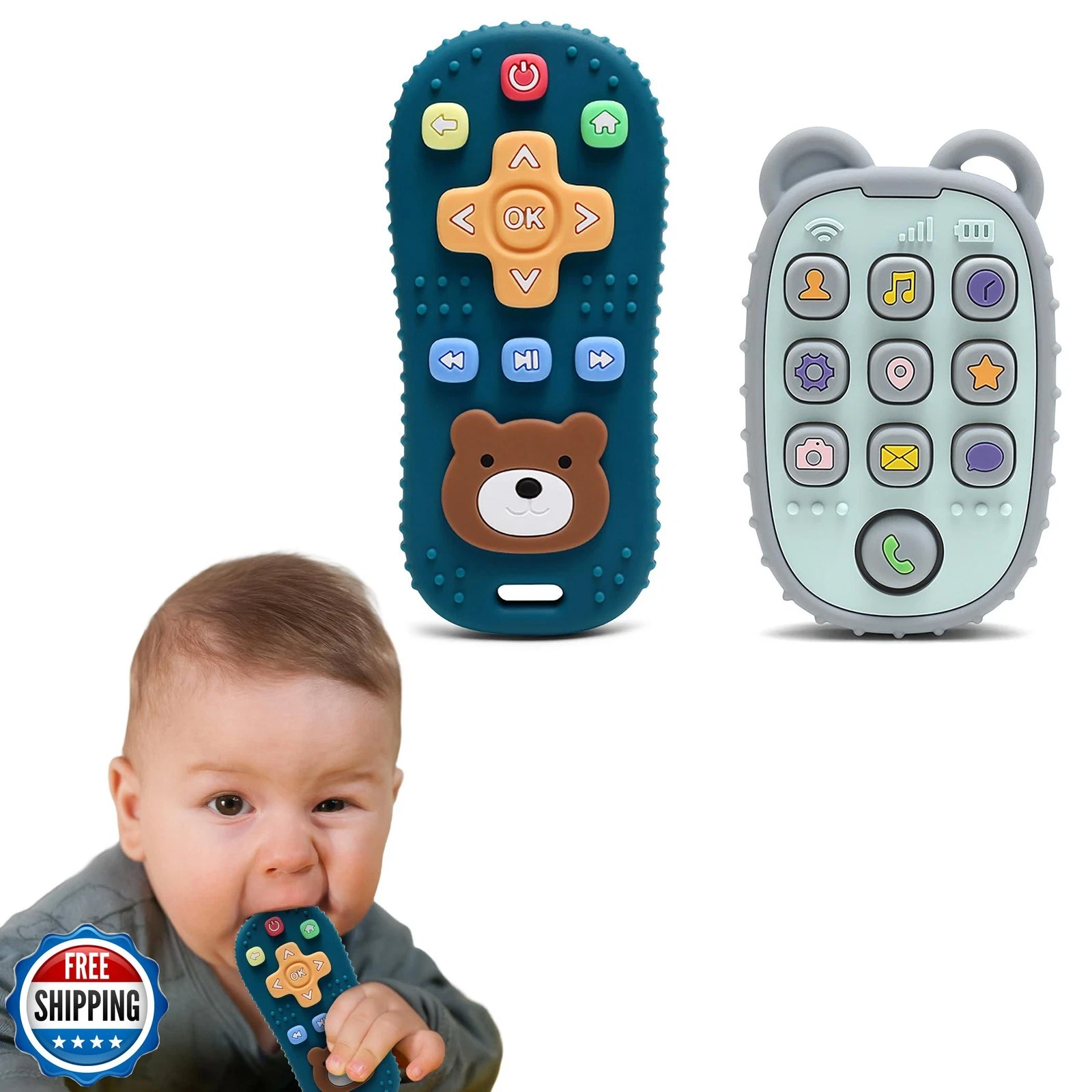 HippoBaby 2-Pack Silicone Teethers – Remote Control and Phone Teething Toys w