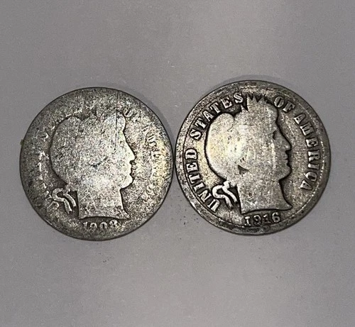 US Estate Coin Lot, Set of 2 Barber Dimes, 1908-P and 1916-P