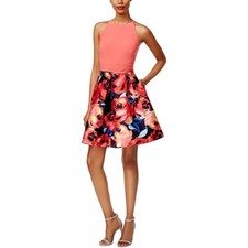 Adrianna Papell Womens 14 Coral Floral Print High Neck Mikado Dress Fit & Flare