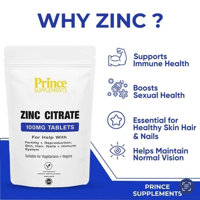 EZE HEALTH ZINC CITRATE TABLETS 120 CAPSULES 100MG IMMUNE SYSTEM SEXUAL HEALTH BUY 2 GET 3