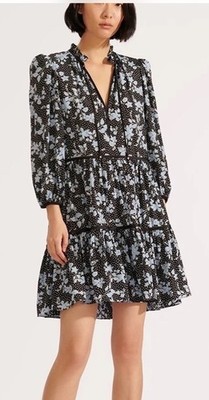 Veronica Beard Hawken 100% Silk Dress Black Blue Floral Dot Mini Boho Size 4