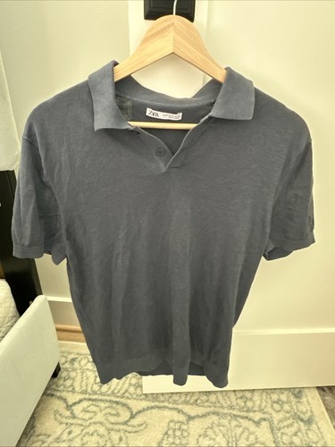 Zara Man Knit Polo Shirt Adult Medium Blue Gray Short Sleeve Mens
