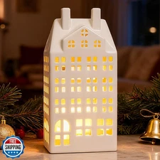 DN DECONATION Light Up Christmas Decor Village Sets, White Ceramic House with