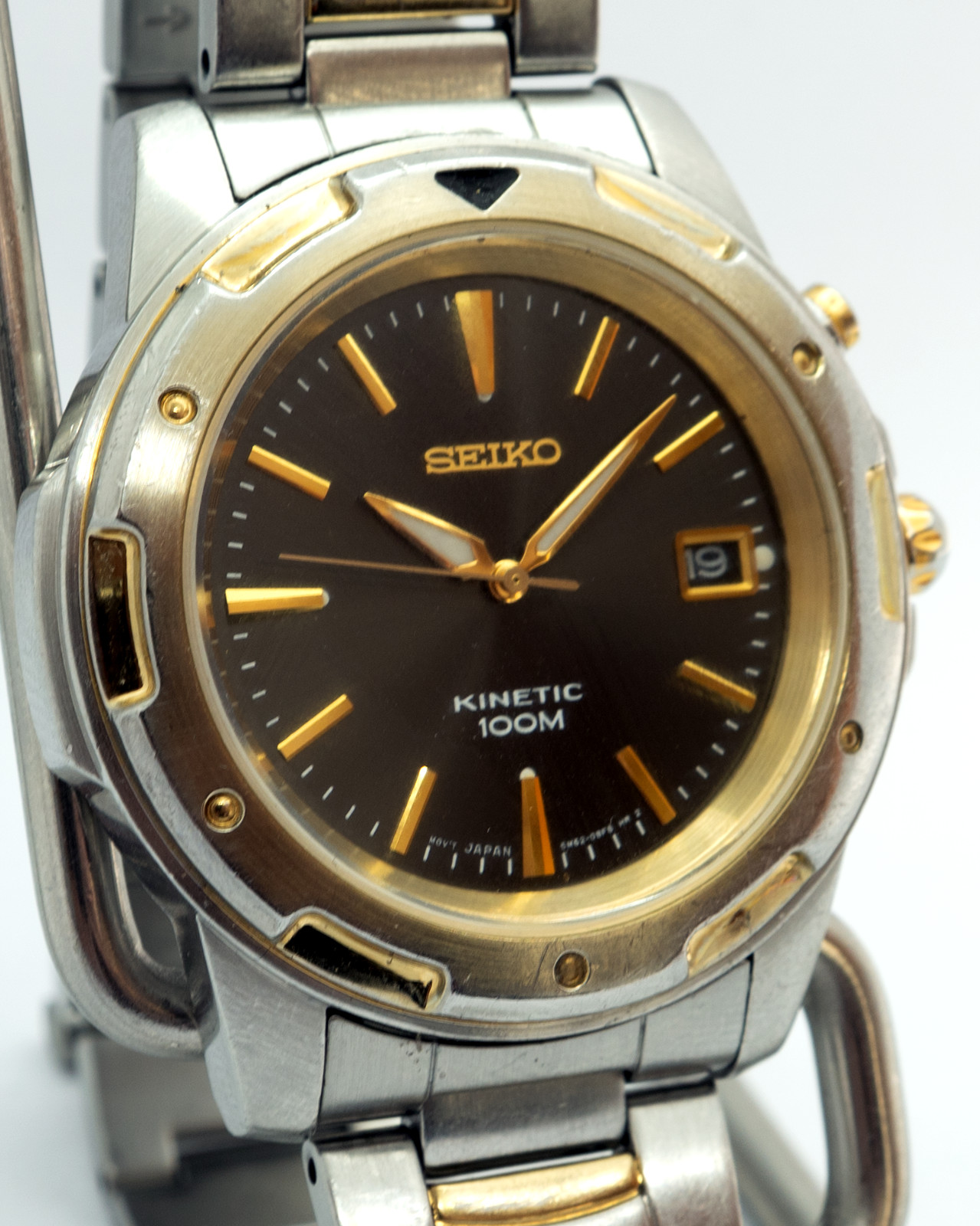 Seiko Kinetic 100M Watch 5M62 Two Tone Date | New Crystal & Capacitor, Lrg Wrist