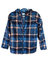 Columbia Blue Plaid Rain Hooded Zip Mesh Lined Jacket Youth L 14 16