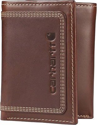 Carhartt Men s Rugged Leather Trifold Wallet Triple Stitch Brown Durable