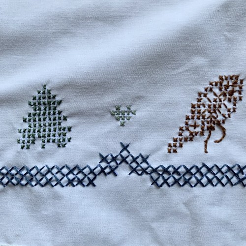 Christmas Linen Table Runner Cross Stitch Polar Bear On Ice Skates Tree 43 X 14” - Picture 5 of 7