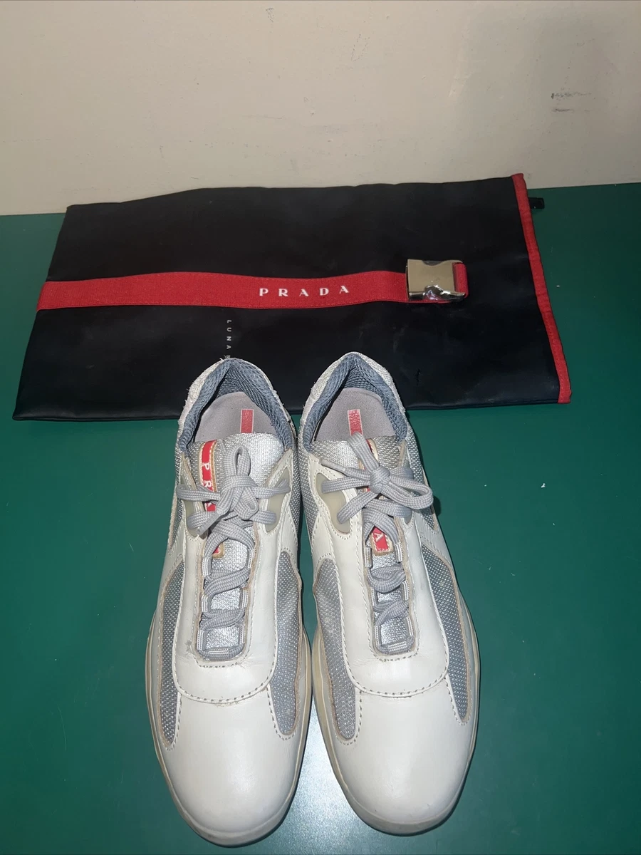 PRADA AMERICAS CUP SNEAKERS SHOES BEIGE LEATHER SILVER PRADA SIZE 6 W BAG