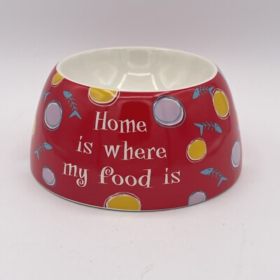 Ganz Home Is Where My Food Is Ceramic Cat Dog Dish Water Red With Fish Whimsical