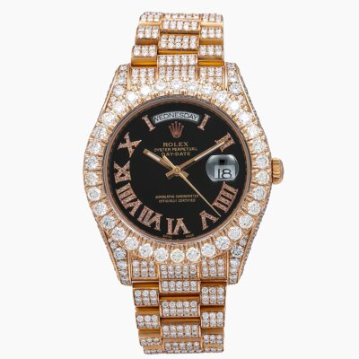Rolex Day-Date II 41mm Rose Gold Black Roman Dial Iced Out